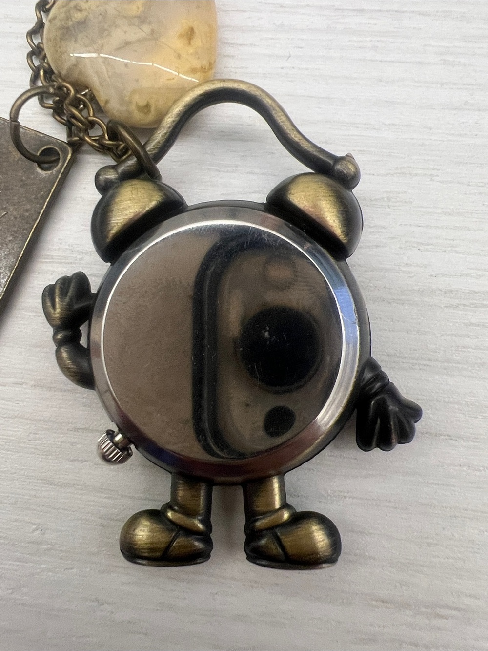 Vintage-Inspired Bronze Tone Alarm Clock Pendant Necklace with Cream Stone - Picture 5 of 7